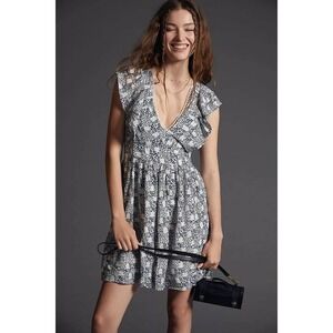 Anthropologie Blue Floral V-Neck Plunge Tunic Mini Dress Ruffle Size L